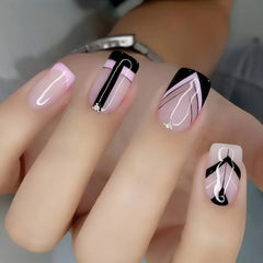 24Pcs/set Summer Short Medium Square Press on Nails Pink Stripe Pattern Fake Nails Glossy Artificial Manicure False Nails Cheap