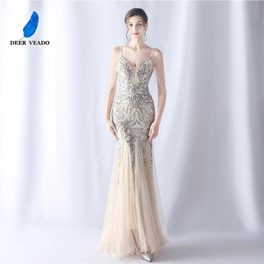 Luxury Evening Dress with Beads Women's Mermaid V Neck Sequin Party Maxi Dress