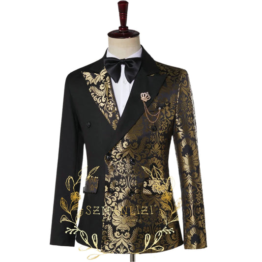 Tuxedo for Mens: Double Breasted Black Gold Floral Jacquard Slim Fit Mens Suits