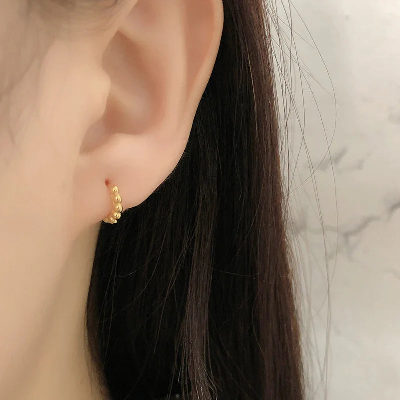 WANTME 925 Sterling Silver Simple Fashion Glossy Beads Gold Huggies Hoop Earrings for Women Gothic Piercing Jewelry Accessories