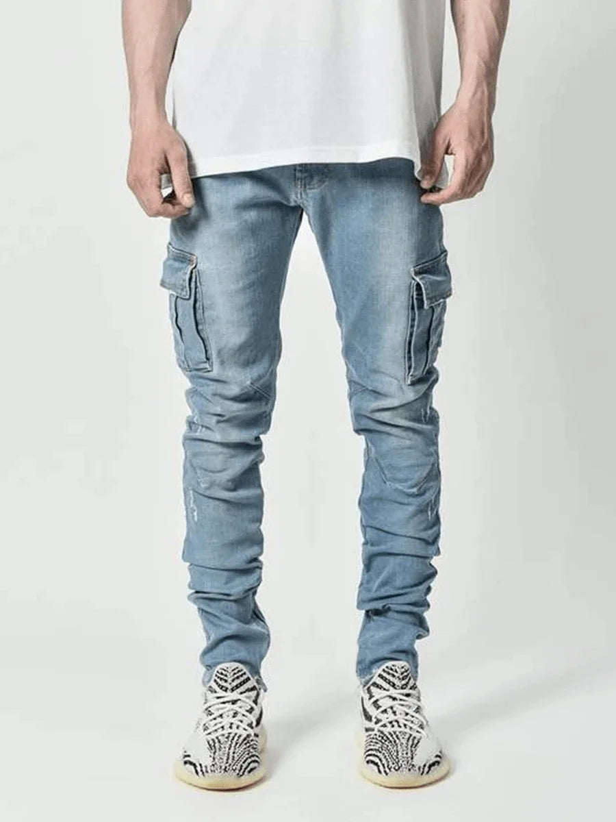 Jeans Men Black Cargo Pants Multi Pockets Denim Pantalones Blue Slim Fit