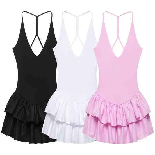 HXAO Womens Dresses Ruffled Halter Dress Summer Black Pink White Dress Mini Layered Backless Short Dresses Elegant Vestidos 066