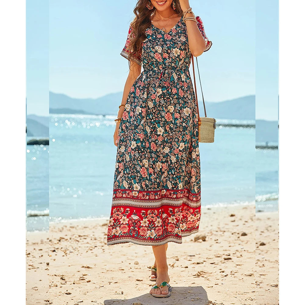 Plus Size Long Dress for Women 2024 Summer Beach Bohemian Dresses Oversized Female Clothing Elegant Vestido Casual Floral Skirt