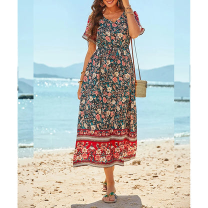 Plus Size Long Dress for Women 2024 Summer Beach Bohemian Dresses Oversized Female Clothing Elegant Vestido Casual Floral Skirt