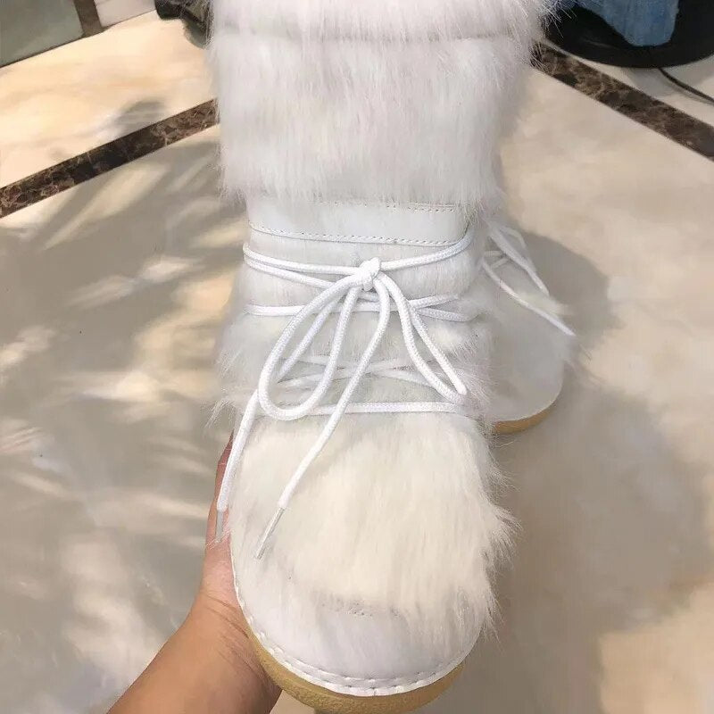 Winter Snow Boots Women Ski Boots Fluffy Hairy Lace Up Middle Calf Platform Flat