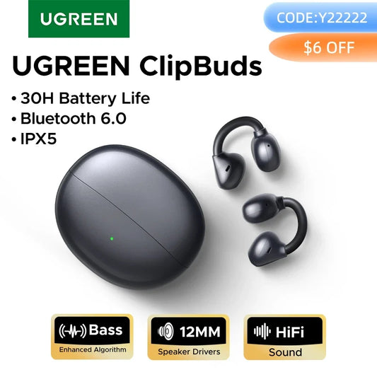 UGREEN ClipBuds Open-Ear Wireless Headphones Bluetooth 6.0 with 4 Mic Clear Call, Earbuds Clip on Earphones 30H Playtime