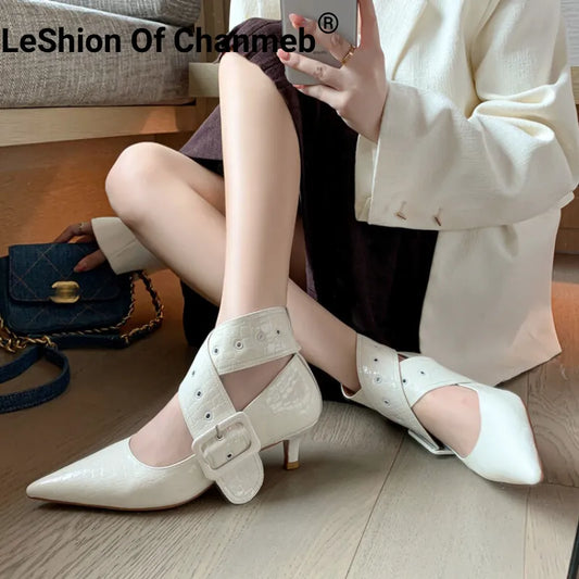 Real Leather Women Crocodile Thin Heeled Pumps Big Buckle