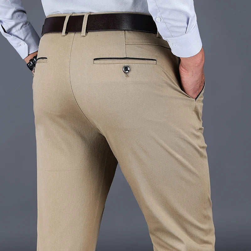 Cotton Casual Pants Men Classic Style Straight Loose High Waist Elastic Trousers