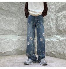 Mens Fashion Printed Jeans Spring Floral Denim Mopping Trousers