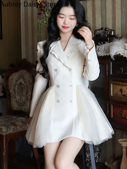 Korean Elegant Mini White Dress Women Vintage Chic Bow Mesh Design Formal Dress Summer Casual Slim Birthday Evening Party Dress