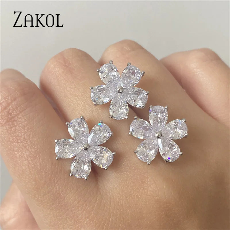 Korea Shiny Cubic Zircon Leaf Shape Open Rings for Women Fashion Geometry