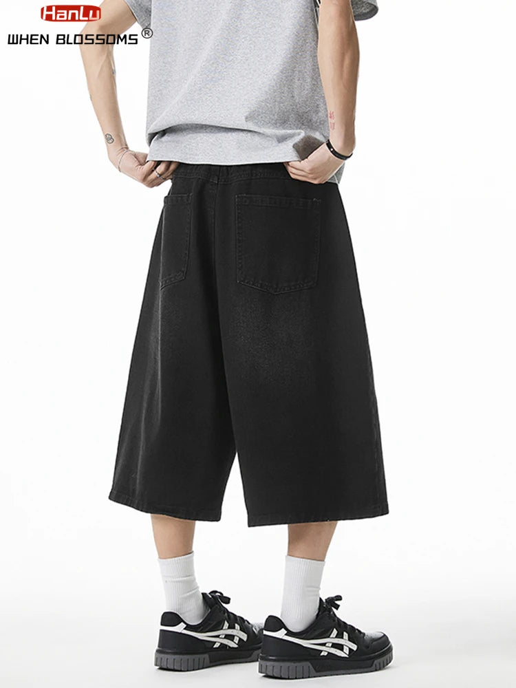 2025 Summer Men's Wide Leg Jeans Shorts Vintage Distressed Wash Y2K Straight Elastic Waist Loose Casual Relaxed Fit