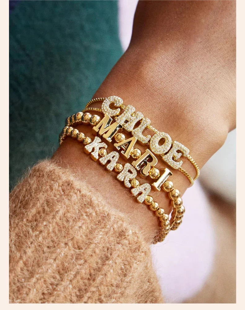 DOREMI Fat Bubble Slide Initial Letters Bracelet Full Crystal Letters Women Name DIY Sliding Slider Letter Bracelets