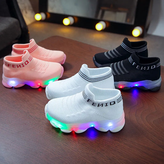 Kids Sneakers Children Baby Girls Boys Letter Mesh Led Luminous Socks Sport