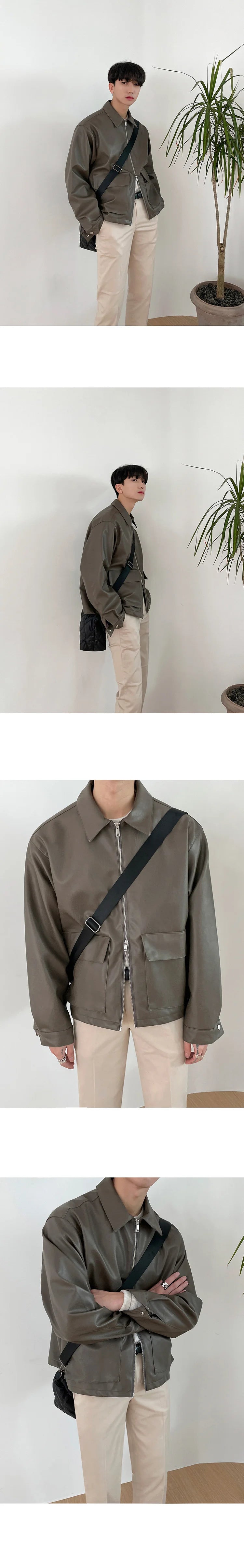 Lapel Men PU Leather Jacket Korean Style Biker Clothing