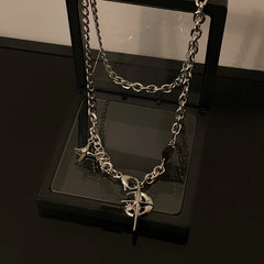 Cuban Figaro Chain Star Moon Pendant Necklace Men Punk Black Zircon Chain