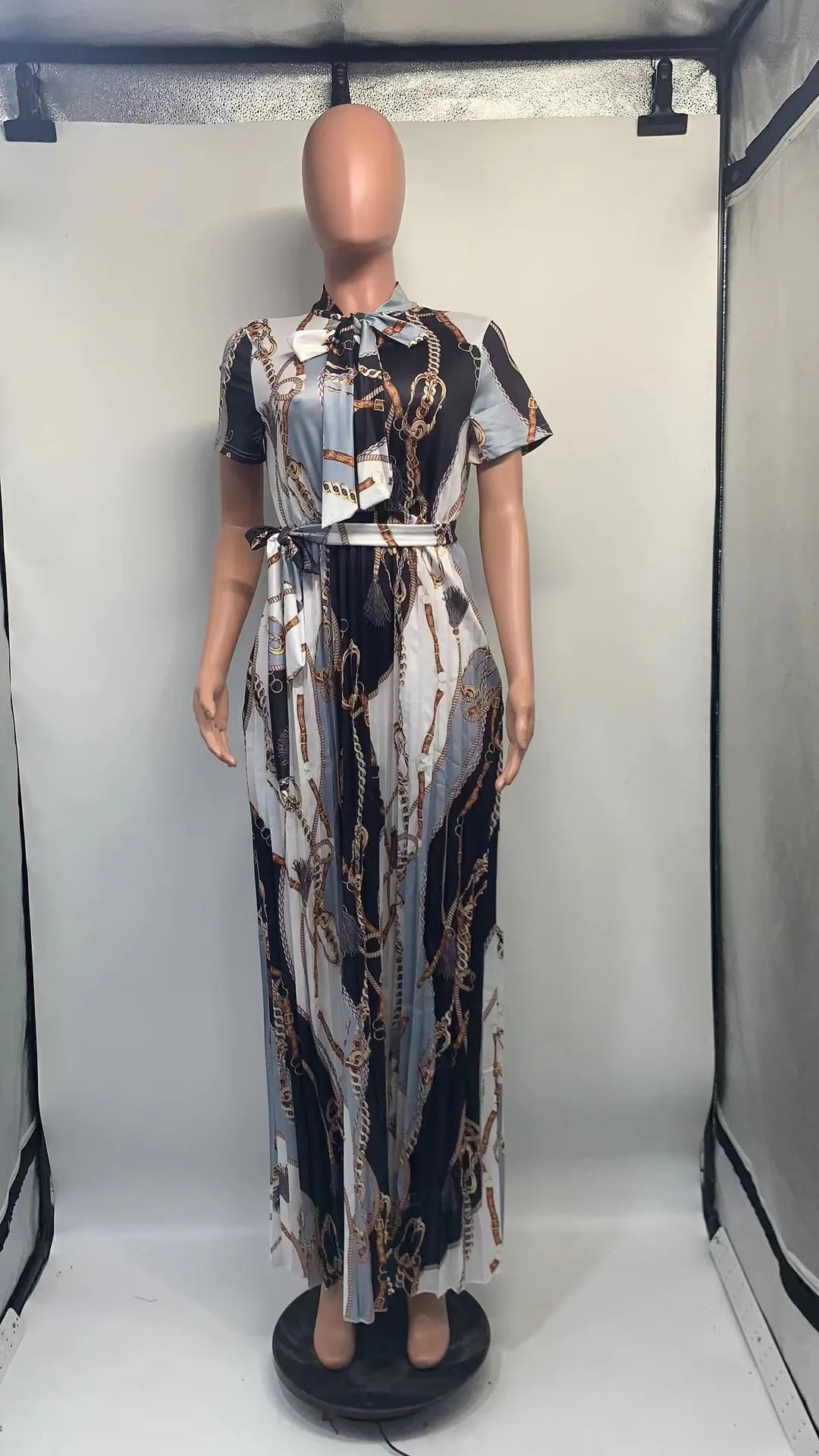 LW Plus Size dress Tie Neck Chain Print Pleated A Line Dress short sleeve maxi dresses 2023 Elegant Fashion women's dress