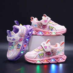 Disney LED Casual Sneakers For Spring Girls Frozen Elsa Princess Print Pu Leather Shoes