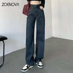 High Waisted Jeans Y2K Fashion Women Clothing Blue Black Straight Leg Denim