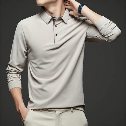 New Men's Business Casual  Long Sleeve Solid Color Polo Shirt Fashionable Warm Comfortable Four Seasons Versatile Top