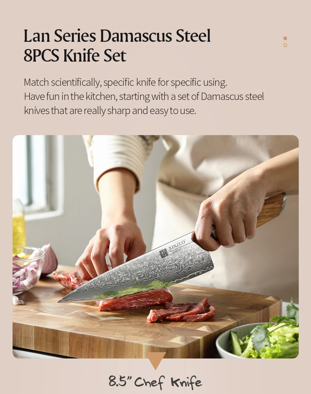 1-8pcs Kitchen Knife Set 73 Layers Custom Damascus Steel 15°±1 Per Side Steel Blade