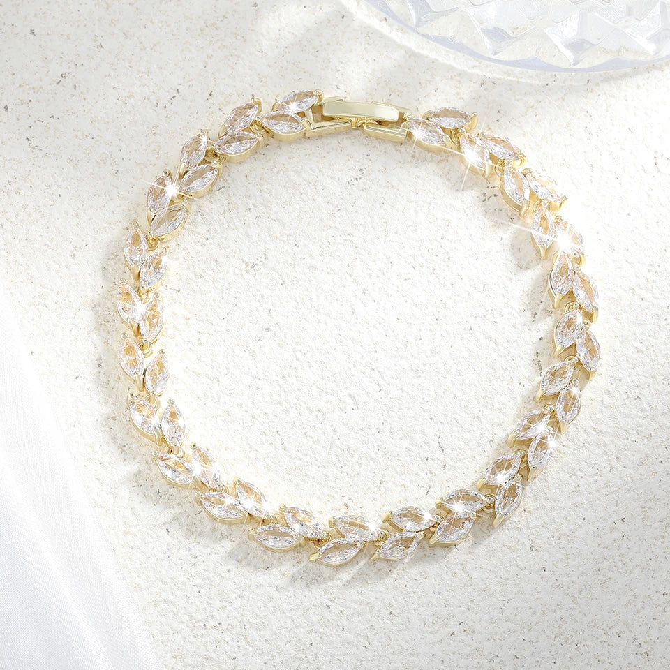 ZAKOL Fashion White Leaf Bracelets Bangles for Women Shinny Marquise Cut Cubic Zirconia Bridal Wedding Party Jewelry BP061