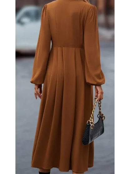 Plus Size High Street Style Women's A-line Long Dress V-neck Button Decoration Elegant Commuter Women's Dress Autumn and Winter