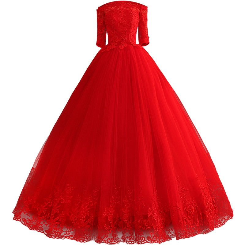 Red Wedding Dresses Elegant Boat Neck Vestido De Noiva Classic Lace