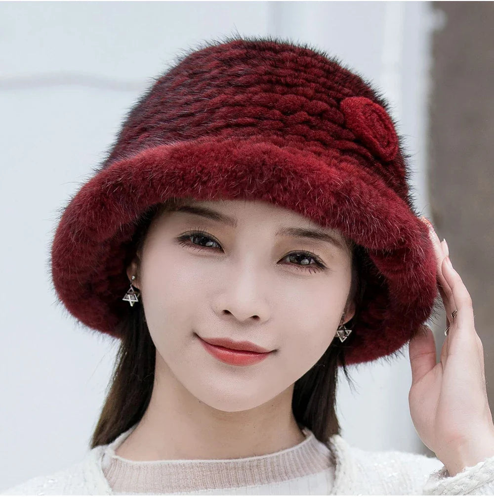 Woman Hat Winter Solid Mink Caps With Flower Natural Mink Fur Hats New Russian Girl Soft Knitting Real Fur Bucket Hats 2026 Warm
