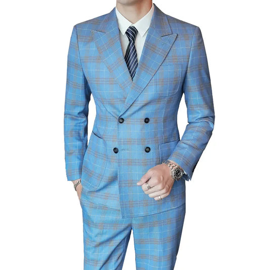 Light Blue Three Piece Set Men Plaid Slim Double Breasted Suit Coat Pants Vest High End Large Size S-5XL Blazer Jacket Business