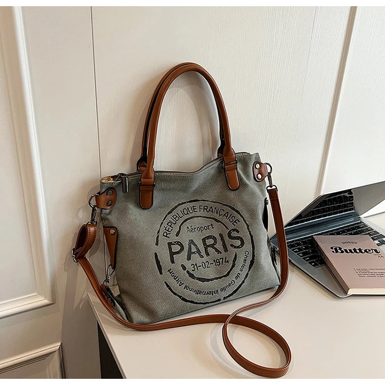Large Retro Canvas Tote Bag Adjustable Shoulder Strap Vintage Paris Stamp Print