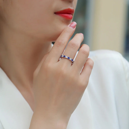 Elegant S925 Silver Ring with Alternating Moissanite & Blue Sapphires, 18K Gold Plated, Exquisite Design, Includes GRA Certifica