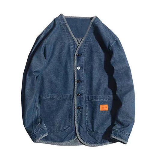 Japan Style Amekaji V-Neck Single Breasted Men Denim Jacket