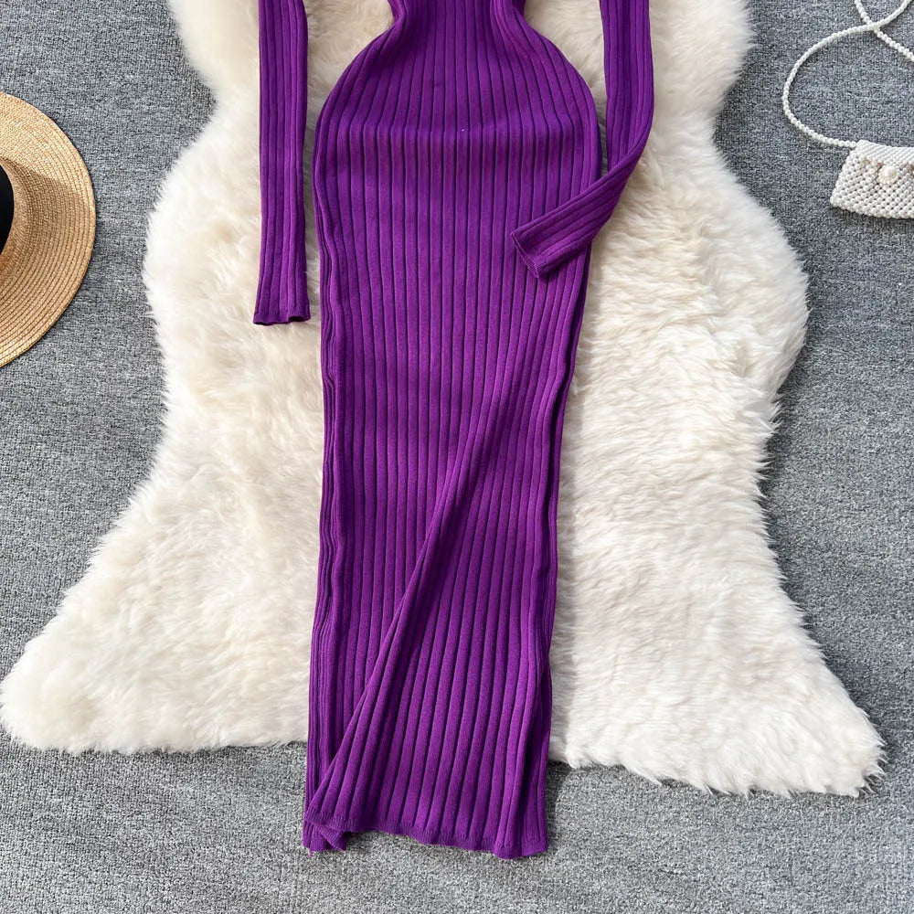 YuooMuoo Sexy Package Hips Women Dress Autumn Winter Fashion Slim Elastic Long Sleeve Knitted Bodycon Dress Korean Party Vestido
