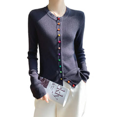 Women's 100% Merino Wool Sweater Round Collar Colorful Buckles Slim Fit Cardigan