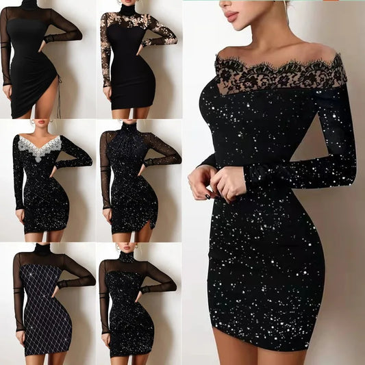 Womens Black Bodycon Dress Off Shoulder Hot Stamping Slim Fit Cocktail Party Evening Gown
