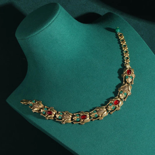 Vintage Adjustable Frog Charm Bracelet with Natural Stone Eyes - 18K Gold Plated Unique Jewelry for Women