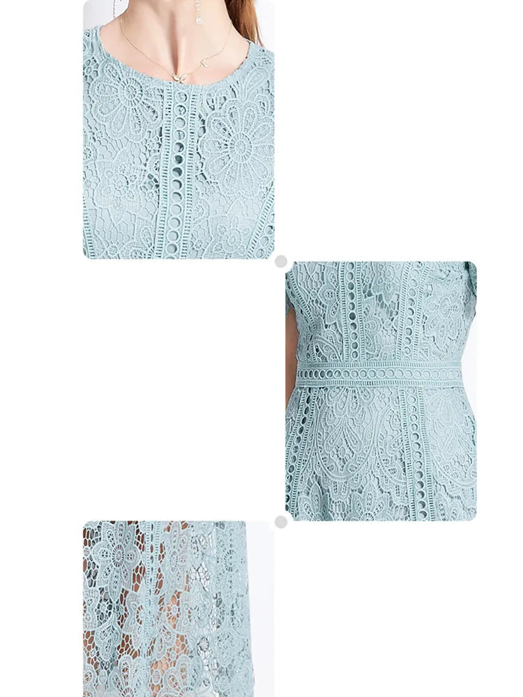 SMTHMA Vintage High-End O-Neck Short Sleeve Lace Hollow Out Dress For Women's