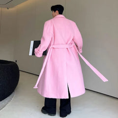Korean Men Woolen Coat Casual Lapel Double Breasted Long Trench Solid Color Male
