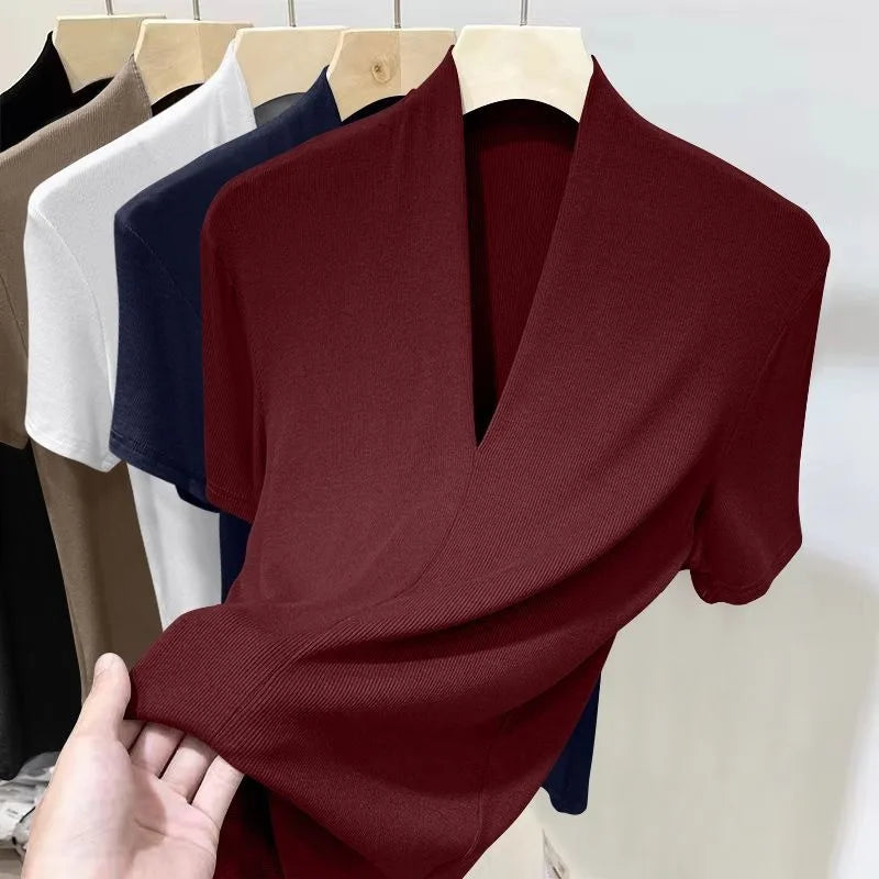 Threaded New Short Sleeved Top for Women Summer Fashion Versatile Base Shirt Plus Size Slim Fit V-neck T-shirt Casual and Sexy