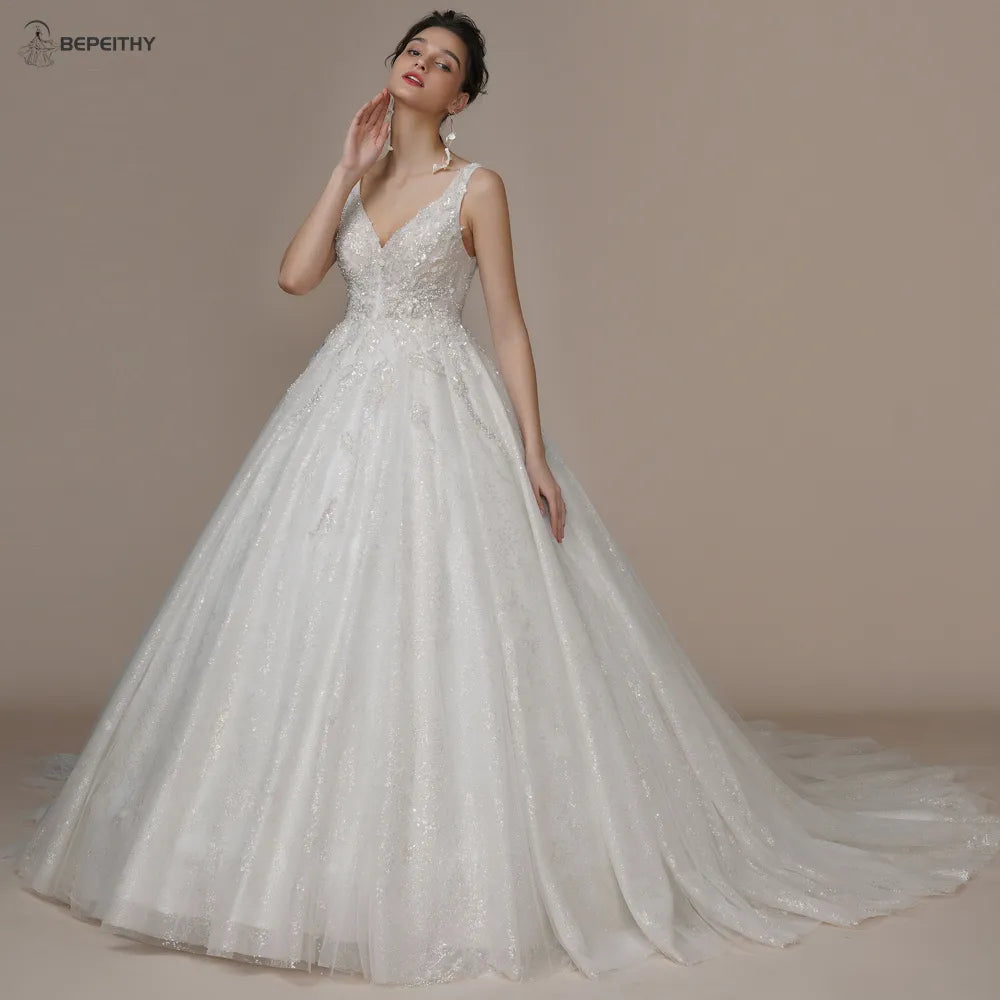 White Bridesmaid Dresses: V Neck Crystal Wedding Dresses Sleeveless Court Train