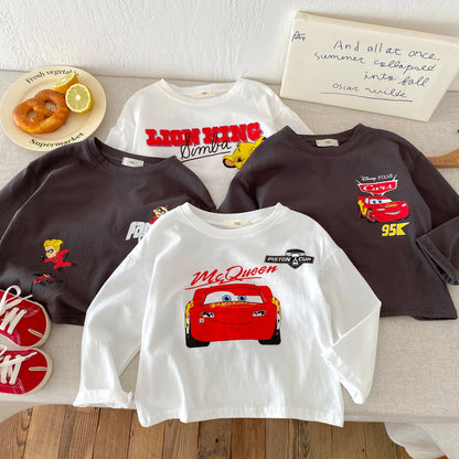 Fashion New Cartoon Car Boys Long Sleeved T-shirts Tops Crewneck Printed Loose Casual Kids Base Shirts Children's Clothes Blouse