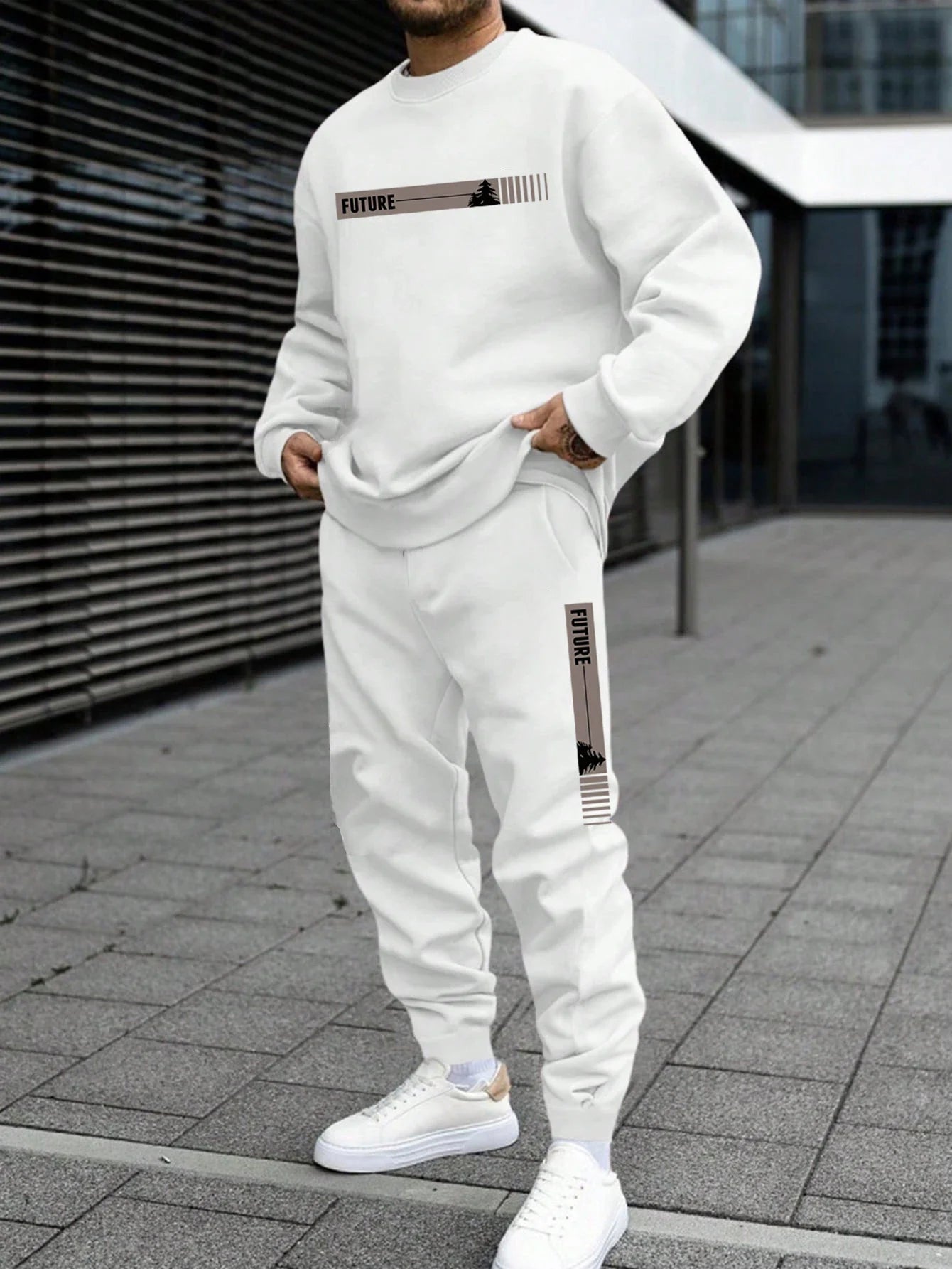 Men's Autumn and Winter Set With Future Print Casual Long Sleeve Pants Two-pieces Suit Comfortable Sportswear Suit Crew Neck
