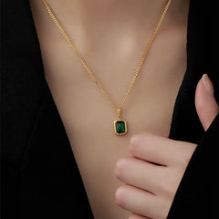 Retro Square Green Zircon Pendant Necklace For Women Titanium Steel Necklace Girls