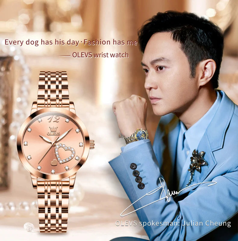 OLEVS 5189 Love Diamond Inlaid Steel Band Women's Quartz Watch