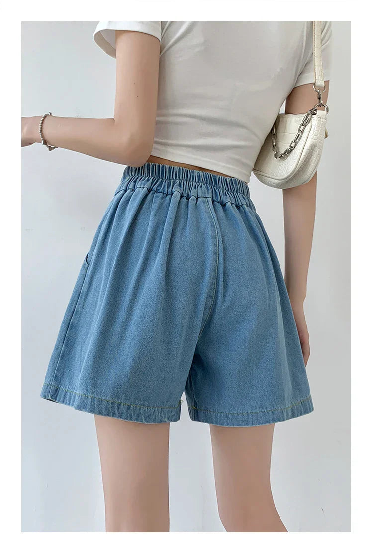 DFRCAEG 2024 Summer Plus Size Denim Shorts For Women High Elastic Waist Blue Or Sky Blue Pleated Mini Large Size Short Femme