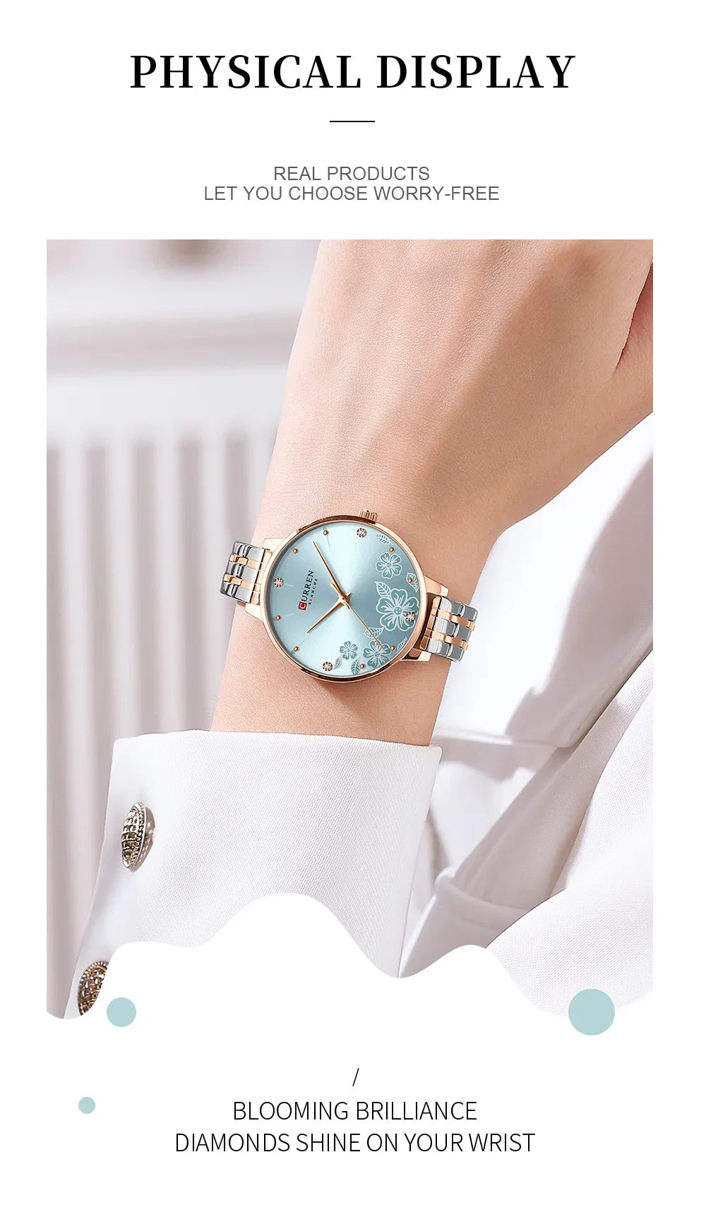 CURREN Fashion Quartz Wristwatches for Women Simple Stainless Steel Watch Bracelet with Flower Design Dial