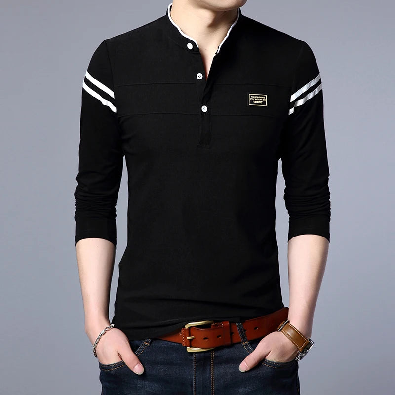 Men's Fashion Summer Long Sleeved POLO T-shirt Casual Cotton Breathable Top Stand Up Neck Long Sleeve Korean Comfortable Shirt