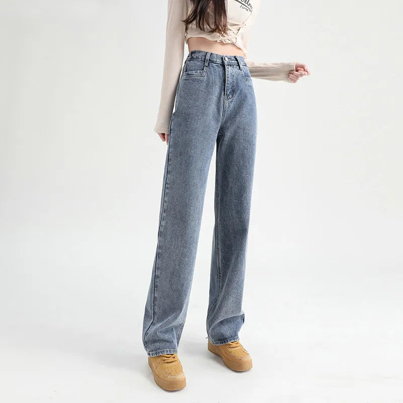 Woman Jeans Elastic High Waist Wide Leg Cotton Denim Clothing Blue White Streetwear