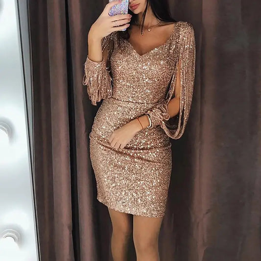 Women's Sparkly Sequin Short Evening Dress, V Neck, Chic Tassel, Long Sleeve